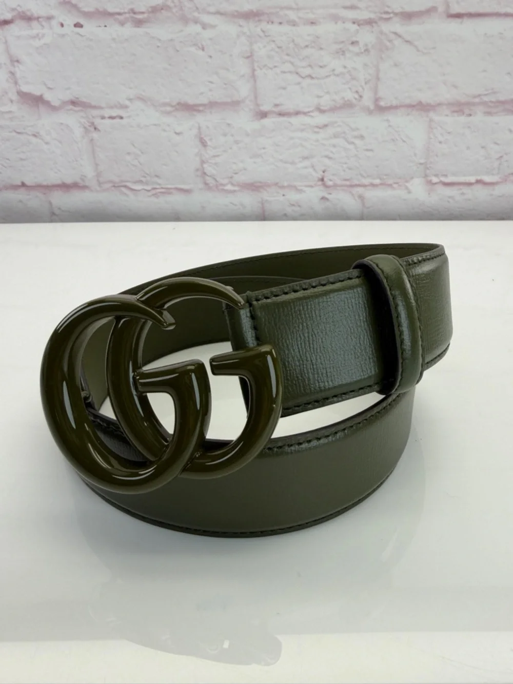 Authentic Gucci Monochrome Gg Wide Marmont Enamel Green Belt 75/30 400593